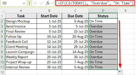 Using IF and TODAY Function To Check If a Task Is Overdue