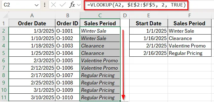 Using VLOOKUP Function with Approximate Match to Return a Value by Date Range