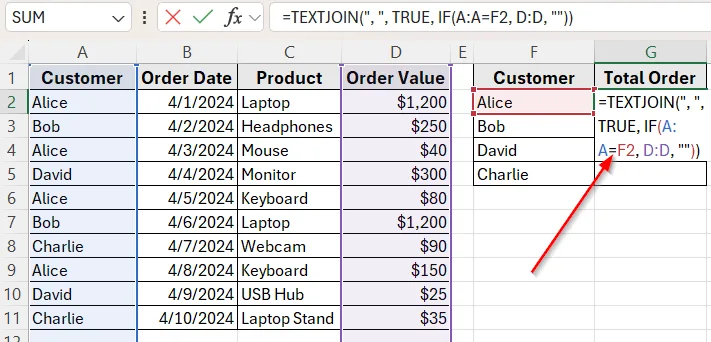 Combine TEXTJOIN with IF to Return Multiple Values in One Cell