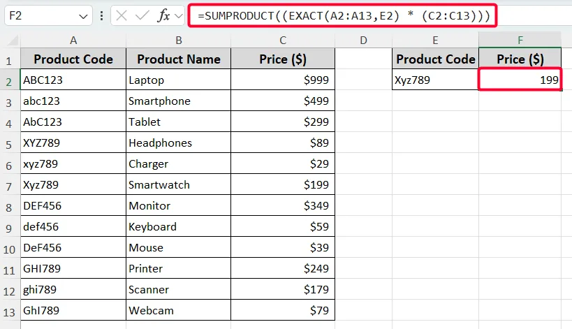 Using SUMPRODUCT Function to Case-Sensitive Lookups