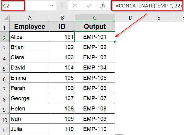 Apply CONCAT or CONCATENATE Function to Add Text to the Beginning of a Cell in Excel