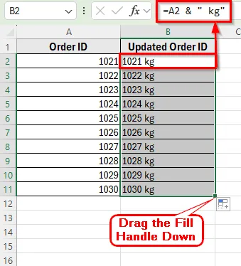 Using Ampersand (&) Operator to Add Text to Multiple Cells in Excel
