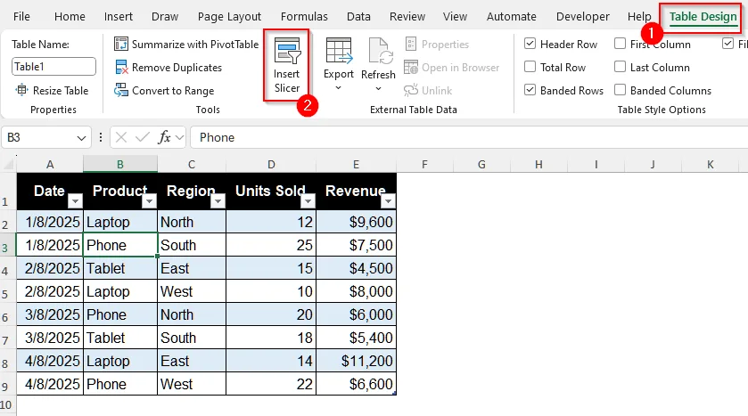 Insert a Slicer in Excel by Converting the Dataset into a Table