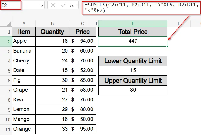 Sum Between Two Limits Using SUMIFS Function and Cell References