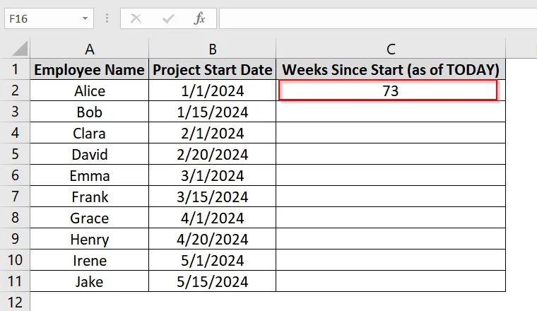 Use the TODAY Function To Calculate Weeks from Start Date to Today