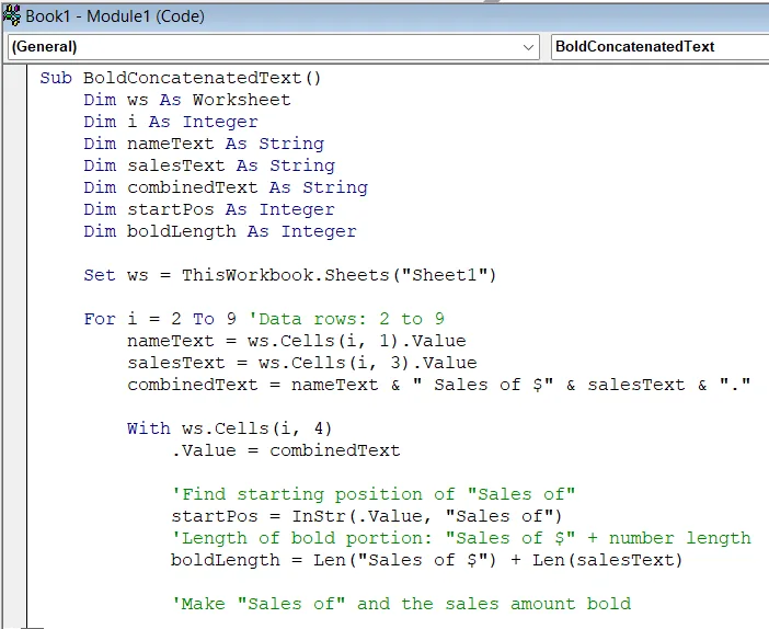 Applying a VBA Macro to Bold Specific Portions of Text in the Output of the Concatenate Formula