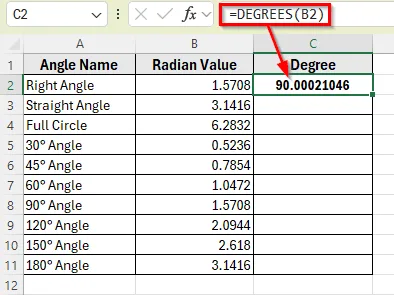 Using the DEGREES Function to Instantly Convert Radians