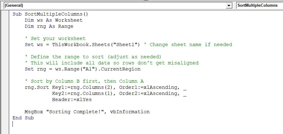 Excel VBA to Sort Multiple Columns