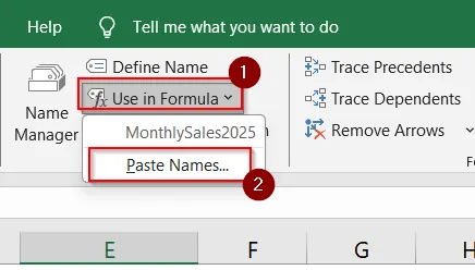 Application of Formulas Tab to Paste Range Names in Excel