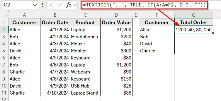 Combine TEXTJOIN with IF to Return Multiple Values in One Cell