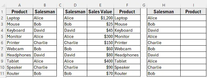 Nested VLOOKUP to Return Product by Salesman