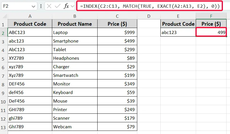 INDEX-MATCH Formula to Make Vlookup Case Sensitive