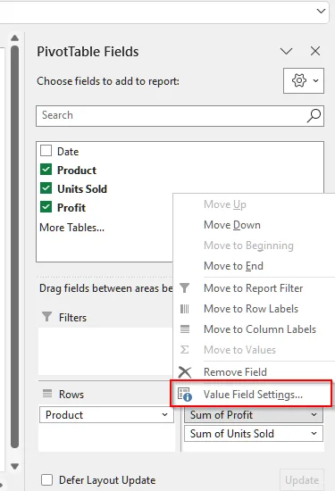 Finding the Summary Measures with a Pivot Table