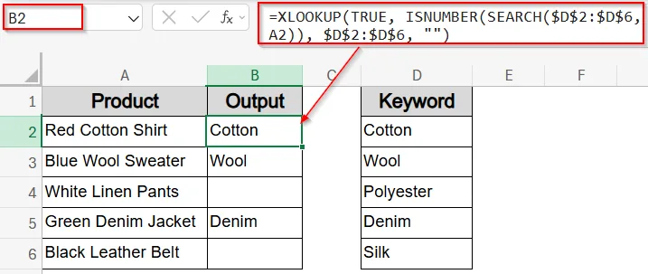 Extract Matching List Using XLOOKUP with SEARCH or COUNTIF Functions