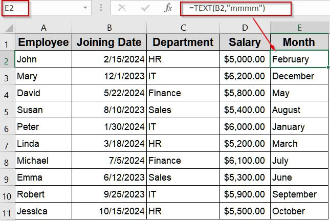 Convert Date to Month Name Using the TEXT Function