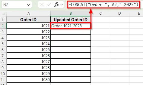 Applying CONCAT Function to Add Prefix and Suffix Text