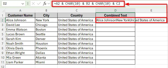 Using Ampersand and CHAR Function to Concatenate with a Line Break in Excel