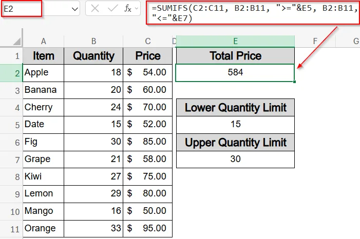 Sum Between Two Limits Using SUMIFS Function and Cell References