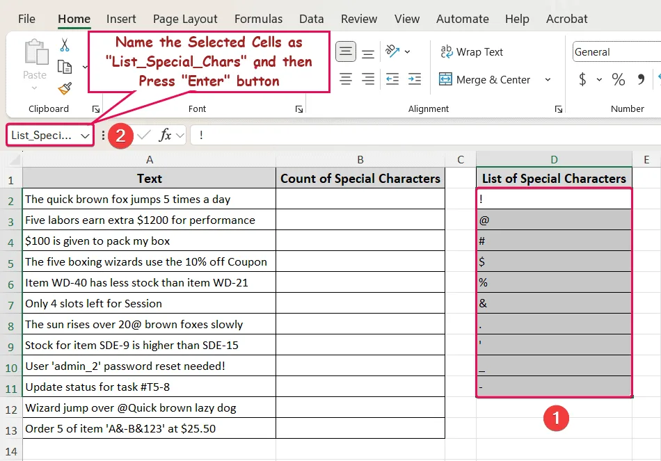 Naming the Cells as List_Special_Chars
