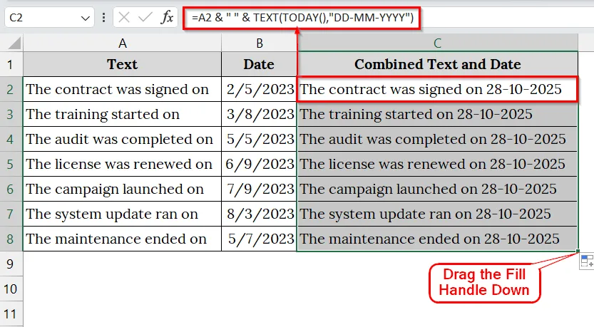 Combine Text with Current Date Using the TODAY Function