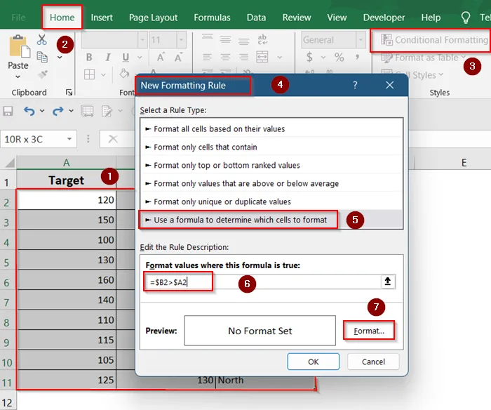 Highlight Entire Row If One Cell Is Greater Than Another