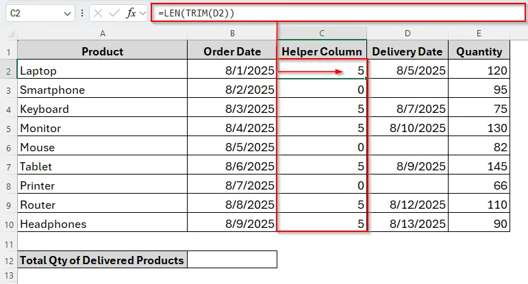 Applying Helper Column with TRIM Function to Sum If Not Blank Cells