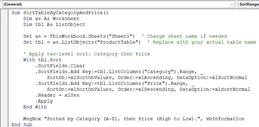 Insert VBA Macro to Sort Table for Multiple Columns