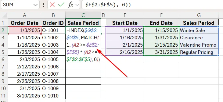 Combining INDEX and MATCH Functions to Check If a Date Falls Between Two Columns