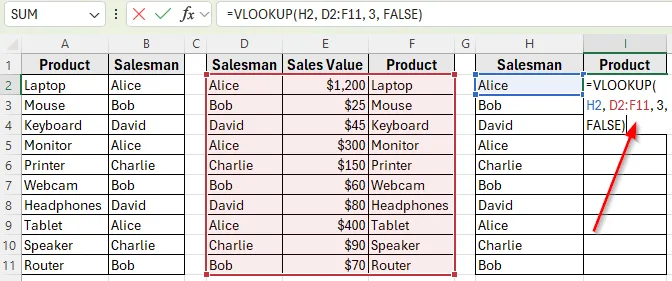 Nested VLOOKUP to Return Product by Salesman