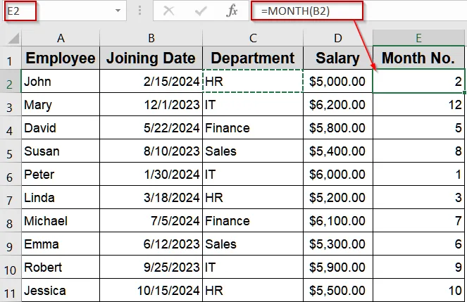Extract Numeric Month Using the MONTH Function