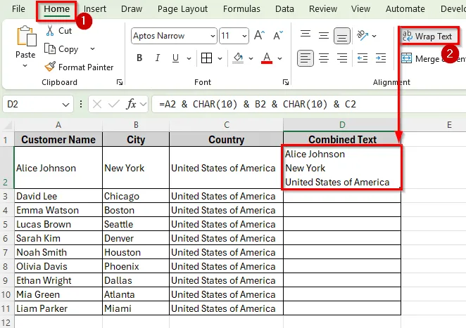 Using Ampersand and CHAR Function to Concatenate with a Line Break in Excel