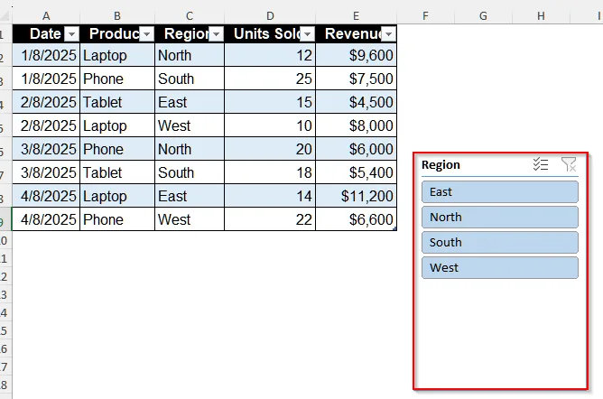 Insert a Slicer in Excel by Converting the Dataset into a Table