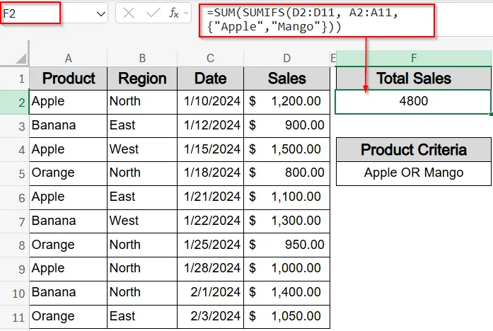 SUMIFS Function with Multiple Row Criteria Including OR Logic