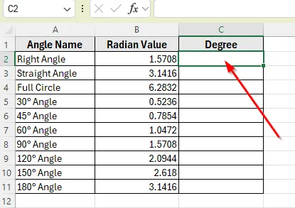 Apply a Simple Formula with PI Function to Convert Radians Manually