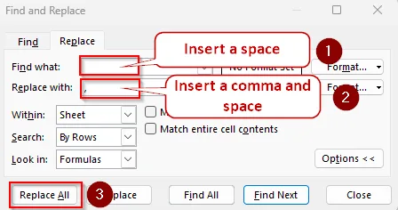 Replacing the Space Between Names with a Comma Using the Find & Replace Tool