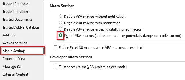 Activate Macros from the Trust Center