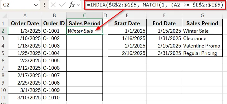 Combining INDEX and MATCH Functions to Check If a Date Falls Between Two Columns