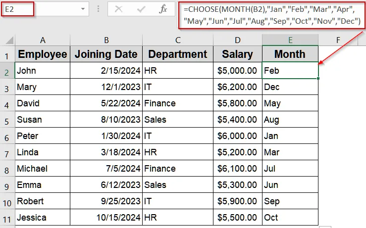 Return Month Names Using the CHOOSE Function