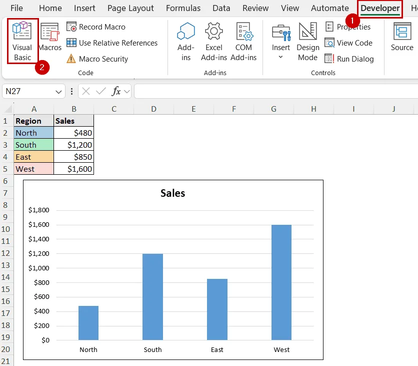 selecting visual basic from the developer tab