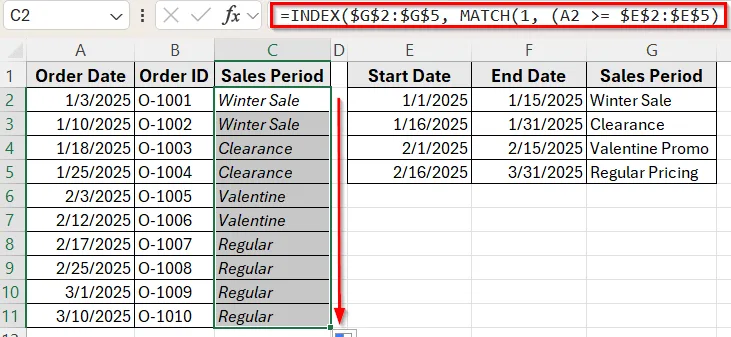 Combining INDEX and MATCH Functions to Check If a Date Falls Between Two Columns