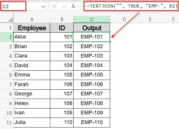 Add a Prefix with a Delimiter Using TEXTJOIN Function
