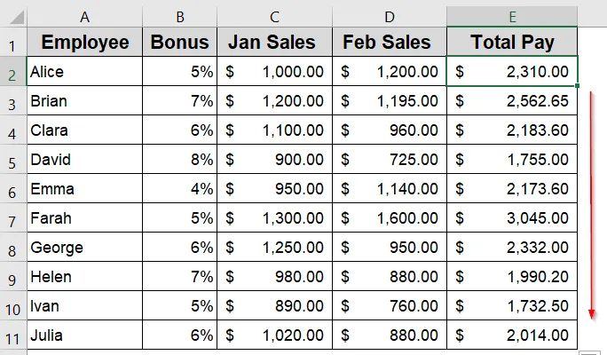 Example of Using Mixed Cell References to Calculate Total Pay with Bonus