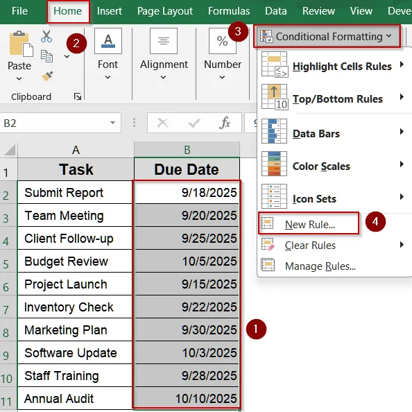 Use AND and TODAY Functions to Highlight Dates Within 30 Days Dynamically