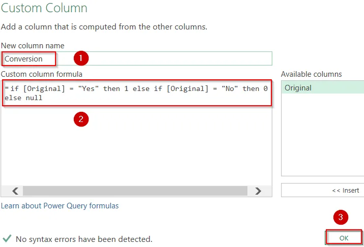 Convert Yes/No to 1/0 Using Power Query