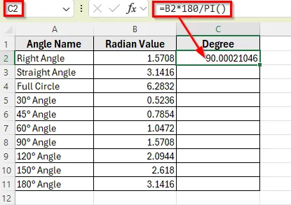 Apply a Simple Formula with PI Function to Convert Radians Manually