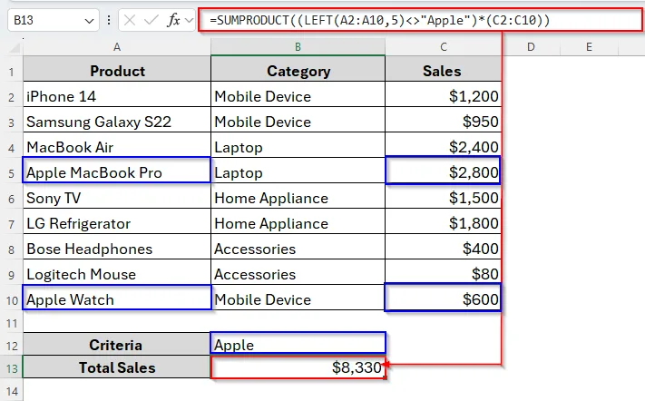 Alternative to SUMIFS Function for Not Equal to Text Criteria