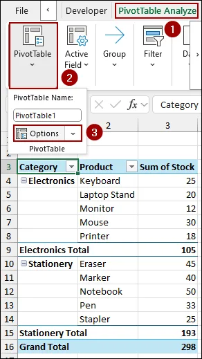 Using PivotTable Options Feature to Refresh Pivot Table When Opening the File