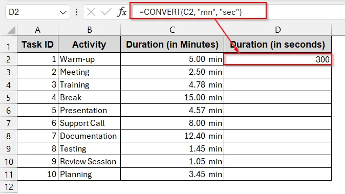 Minute Conversion to Seconds with the CONVERT Function