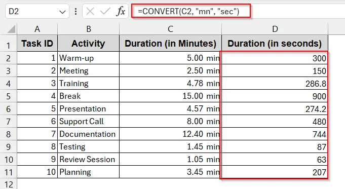 Minute Conversion to Seconds with the CONVERT Function