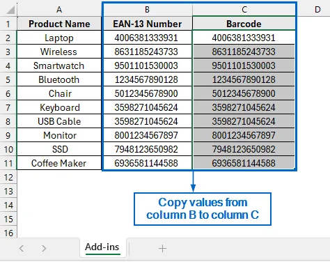 Use External Add-ins to Generate EAN-13 Barcode